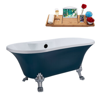 Streamline N106 60'' Vintage Oval Soaking Clawfoot Bathtub, Light Blue Exterior, White Interior, Chrome Clawfoot, Black External Drain, w/ Tray