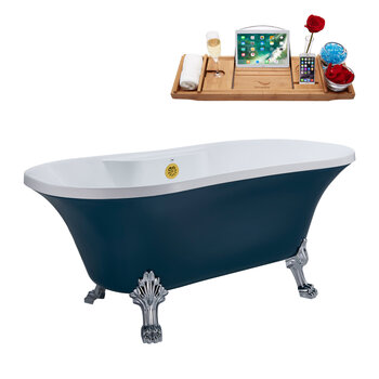 Streamline N106 60'' Vintage Oval Soaking Clawfoot Bathtub, Light Blue Exterior, White Interior, Chrome Clawfoot, Gold External Drain, w/ Tray