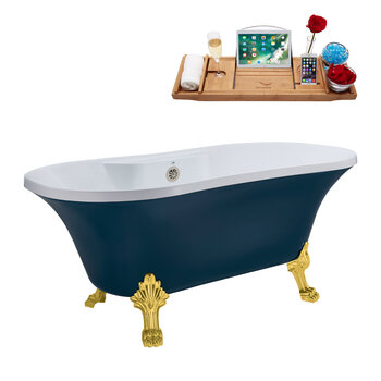 Streamline N106 60'' Vintage Oval Soaking Clawfoot Bathtub, Light Blue Exterior, White Interior, Gold Clawfoot, Nickel External Drain, w/ Tray