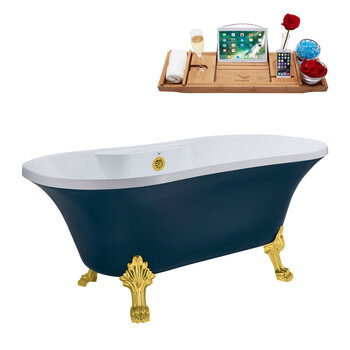 Streamline N106 60'' Vintage Oval Soaking Clawfoot Bathtub, Light Blue Exterior, White Interior, Gold Clawfoot, Gold External Drain, w/ Tray