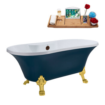 Streamline N106 60'' Vintage Oval Soaking Clawfoot Tub, Light Blue Exterior, White Interior, Gold Clawfoot, Oil Rubbed Bronze External Drain, w/ Tray