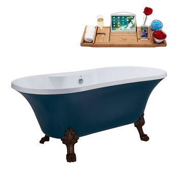 Streamline N106 60'' Vintage Oval Soaking Clawfoot Tub, Light Blue Exterior, White Interior, Oil Rubbed Bronze Clawfoot, Chrome External Drain, w/ Tray