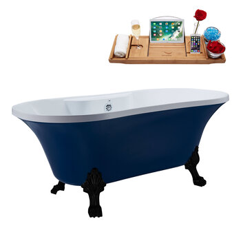 Streamline N107 60'' Vintage Oval Soaking Clawfoot Bathtub, Dark Blue Exterior, White Interior, Black Clawfoot, Chrome External Drain, w/ Tray