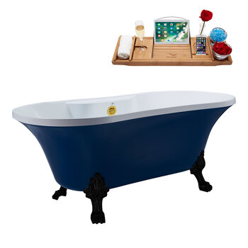 Streamline N107 60'' Vintage Oval Soaking Clawfoot Bathtub, Dark Blue Exterior, White Interior, Black Clawfoot, Gold External Drain, w/ Tray