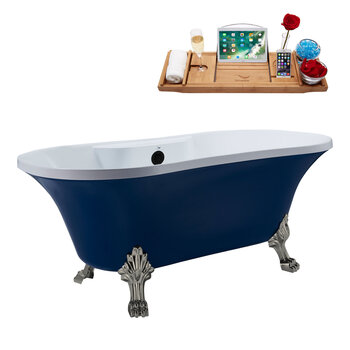 Streamline N107 60'' Vintage Oval Soaking Clawfoot Bathtub, Dark Blue Exterior, White Interior, Nickel Clawfoot, Black External Drain, w/ Tray