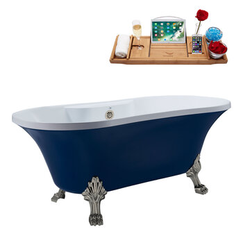 Streamline N107 60'' Vintage Oval Soaking Clawfoot Bathtub, Dark Blue Exterior, White Interior, Nickel Clawfoot, Nickel External Drain, w/ Tray