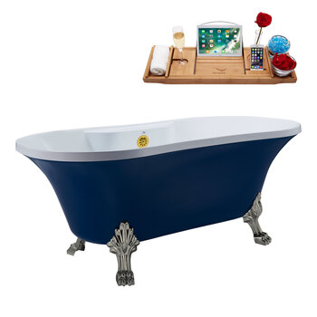 Streamline N107 60'' Vintage Oval Soaking Clawfoot Bathtub, Dark Blue Exterior, White Interior, Nickel Clawfoot, Gold External Drain, w/ Tray