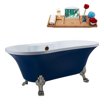 Streamline N107 60'' Vintage Oval Soaking Clawfoot Tub, Dark Blue Exterior, White Interior, Nickel Clawfoot, Oil Rubbed Bronze External Drain, w/ Tray