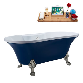 Streamline N107 60'' Vintage Oval Soaking Clawfoot Bathtub, Dark Blue Exterior, White Interior, Nickel Clawfoot, White External Drain, w/ Tray