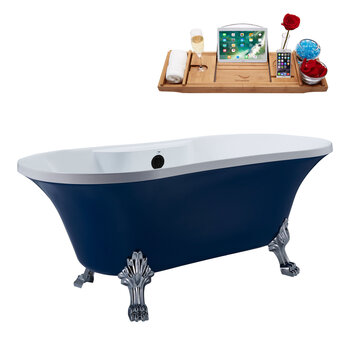 Streamline N107 60'' Vintage Oval Soaking Clawfoot Bathtub, Dark Blue Exterior, White Interior, Chrome Clawfoot, Black External Drain, w/ Tray