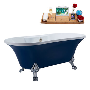 Streamline N107 60'' Vintage Oval Soaking Clawfoot Bathtub, Dark Blue Exterior, White Interior, Chrome Clawfoot, Nickel External Drain, w/ Tray
