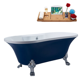 Streamline N107 60'' Vintage Oval Soaking Clawfoot Bathtub, Dark Blue Exterior, White Interior, Chrome Clawfoot, Chrome External Drain, w/ Tray