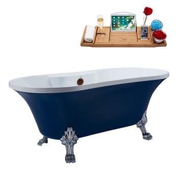 Streamline N107 60'' Vintage Oval Soaking Clawfoot Tub, Dark Blue Exterior, White Interior, Chrome Clawfoot, Oil Rubbed Bronze External Drain, w/ Tray