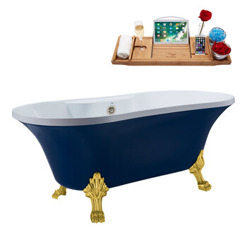 Streamline N107 60'' Vintage Oval Soaking Clawfoot Bathtub, Dark Blue Exterior, White Interior, Gold Clawfoot, Nickel External Drain, w/ Tray