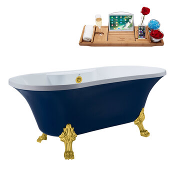Streamline N107 60'' Vintage Oval Soaking Clawfoot Bathtub, Dark Blue Exterior, White Interior, Gold Clawfoot, Gold External Drain, w/ Tray