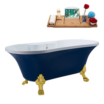 Streamline N107 60'' Vintage Oval Soaking Clawfoot Bathtub, Dark Blue Exterior, White Interior, Gold Clawfoot, White External Drain, w/ Tray