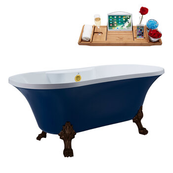 Streamline N107 60'' Vintage Oval Soaking Clawfoot Tub, Dark Blue Exterior, White Interior, Oil Rubbed Bronze Clawfoot, Gold External Drain, w/ Tray