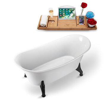 Streamline N1080 59'' Vintage Oval Soaking Clawfoot Bathtub, White Exterior, White Interior, Black Clawfoot, Gold Drain, with Bamboo Tray