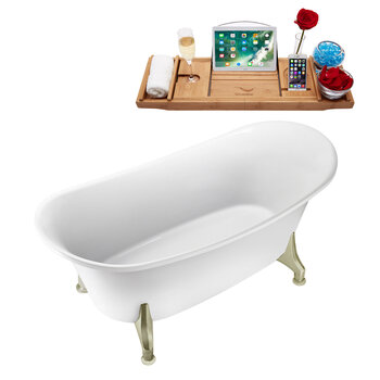 Streamline N1080 59'' Vintage Oval Soaking Clawfoot Tub, White Exterior, White Interior, Brushed Nickel Clawfoot, Gold Drain, w/ Bamboo Tray
