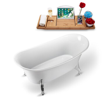 Streamline N1080 59'' Vintage Oval Soaking Clawfoot Bathtub, White Exterior, White Interior, Chrome Clawfoot, Gold Drain, with Bamboo Tray