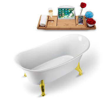 Streamline N1080 59'' Vintage Oval Soaking Clawfoot Bathtub, White Exterior, White Interior, Gold Clawfoot, Gold Drain, with Bamboo Tray