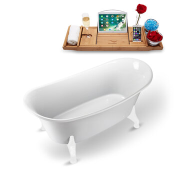 Streamline N1081 67'' Vintage Oval Soaking Clawfoot Bathtub, White Exterior, White Interior, White Clawfoot, Gold Drain, with Bamboo Tray
