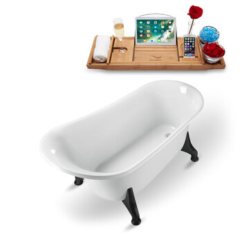 Streamline N1100 59'' Vintage Oval Soaking Clawfoot Bathtub, White Exterior, White Interior, Black Clawfoot, Gold Drain, with Bamboo Tray