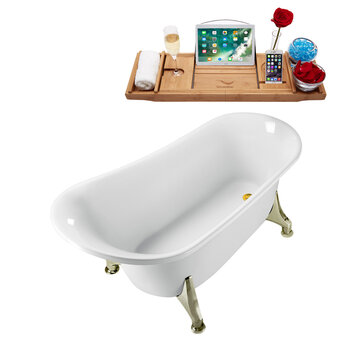 Streamline N1100 59'' Vintage Oval Soaking Clawfoot Tub, White Exterior, White Interior, Brushed Nickel Clawfoot, Gold Drain, w/ Bamboo Tray