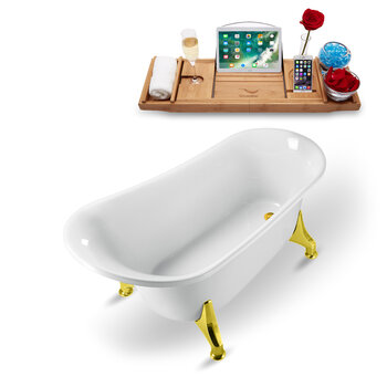 Streamline N1100 59'' Vintage Oval Soaking Clawfoot Bathtub, White Exterior, White Interior, Gold Clawfoot, Gold Drain, with Bamboo Tray