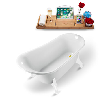 Streamline N1100 59'' Vintage Oval Soaking Clawfoot Bathtub, White Exterior, White Interior, White Clawfoot, Gold Drain, with Bamboo Tray