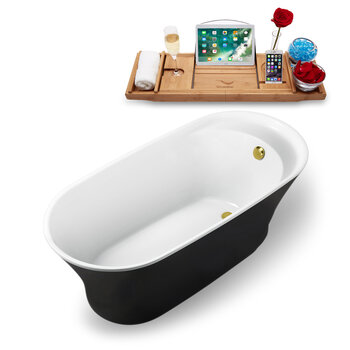 Streamline N1161 59'' Modern Oval Soaking Freestanding Bathtub, Black Exterior, White Interior, Gold Internal Drain, with Bamboo Tray