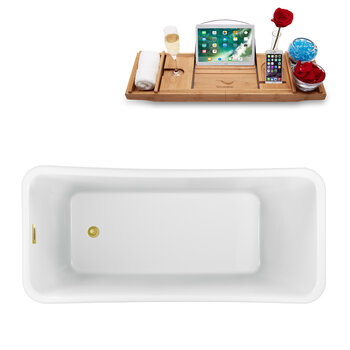 Streamline N1221 59'' Modern Rectangular Soaking Freestanding Bathtub, White Exterior, White Interior, Gold Internal Drain, with Bamboo Tray