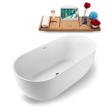 Streamline N1241 59'' Modern Oval Soaking Freestanding Bathtub, White Exterior, White Interior, Brushed Nickel Internal Drain, with Bamboo Tray