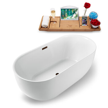 Streamline N1241 59'' Modern Oval Soaking Freestanding Bathtub, White Exterior, White Interior, Oil Rubbed Bronze Drain, with Bamboo Tray