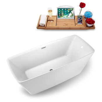 Streamline N1261 59'' Modern Rectangular Soaking Freestanding Bathtub, White Exterior, White Interior, Brushed Nickel Drain, with Bamboo Tray