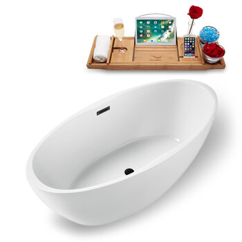 Streamline N1301 59'' Modern Oval Soaking Freestanding Bathtub, White Exterior, White Interior, Black Internal Drain, with Bamboo Tray