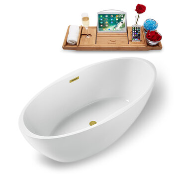 Streamline N1301 59'' Modern Oval Soaking Freestanding Bathtub, White Exterior, White Interior, Gold Internal Drain, with Bamboo Tray