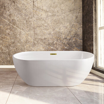 Streamline N140 59'' Modern Oval Soaking Freestanding Bathtub, White Exterior, White Interior, Gold Internal Drain, with Bamboo Tray