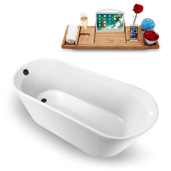 Streamline 61'' W Freestanding Oval Bathtub in White with Brushed Gun Metal Internal Drain and FREE Natural Bamboo Wooden Tray