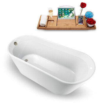 Streamline 65'' W Freestanding Oval Bathtub in White with Brushed Nickel Internal Drain and FREE Natural Bamboo Wooden Tray