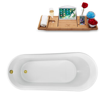 Streamline N1522 69'' Modern Oval Soaking Freestanding Bathtub, White Exterior, White Interior, Gold Internal Drain, with Bamboo Tray