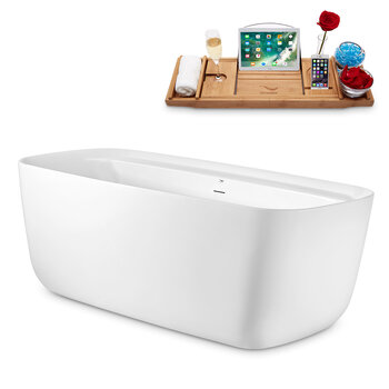 Streamline N1701 67'' Modern Rectangular Soaking Freestanding Bathtub, White Exterior, White Interior, Gold Internal Drain, with Bamboo Tray