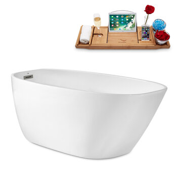 Streamline N1781 63'' Modern Oval Soaking Freestanding Bathtub, White Exterior, White Interior, Brushed Nickel Internal Drain, with Bamboo Tray