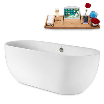 Streamline N1800 67'' Modern Oval Soaking Freestanding Bathtub, White Exterior, White Interior, Brushed Nickel Internal Drain, with Bamboo Tray