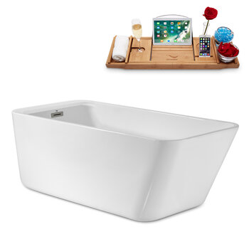 Streamline N2020 63'' Modern Rectangular Soaking Freestanding Bathtub, White Exterior, White Interior, Brushed Nickel Drain, with Bamboo Tray
