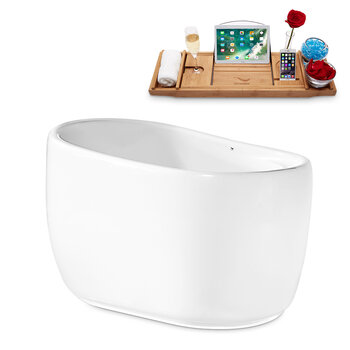 Streamline N2040 51'' Modern Oval Soaking Freestanding Bathtub, White Exterior, White Interior, Black Internal Drain, with Bamboo Tray