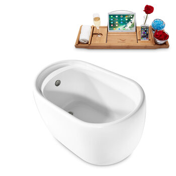 Streamline N2040 51'' Modern Oval Soaking Freestanding Bathtub, White Exterior, White Interior, Brushed Nickel Internal Drain, with Bamboo Tray