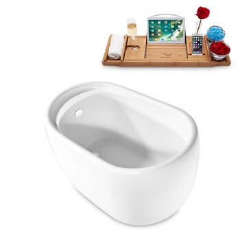 Streamline N2040 51'' Modern Oval Soaking Freestanding Bathtub, White Exterior, White Interior, White Internal Drain, with Bamboo Tray