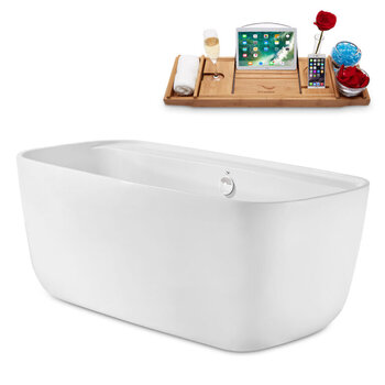 Streamline N2060 59'' Modern Oval Soaking Freestanding Bathtub, White Exterior, White Interior, White Internal Drain, with Bamboo Tray