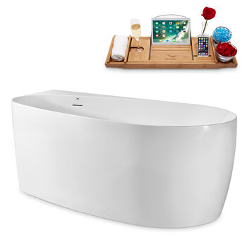 Streamline N2080 59'' Modern Oval Soaking Freestanding Bathtub, White Exterior, White Interior, Gold Internal Drain, with Bamboo Tray
